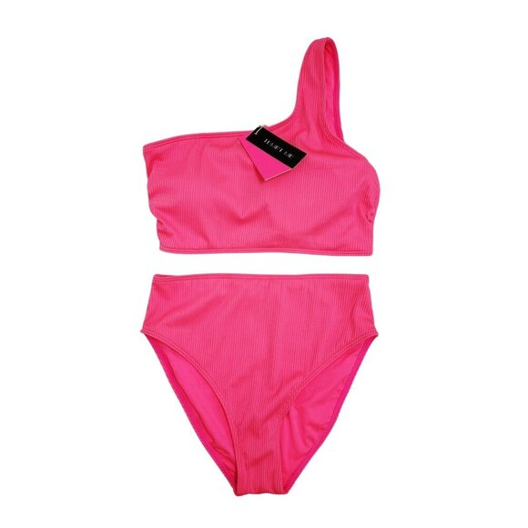 One-Shoulder Ribbed Bikini Set Swimwear Pink Womens Size S - Picture 1 of 7